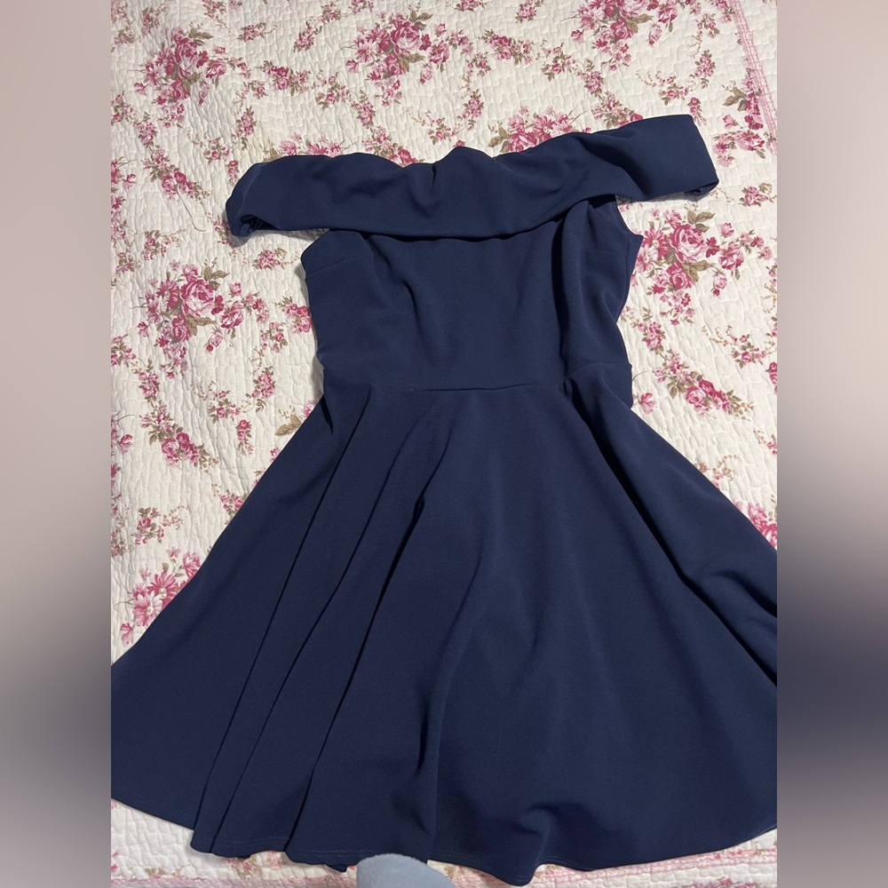 B-Darlin Off-Shoulder Navy Women’s Fit & Flare Dress